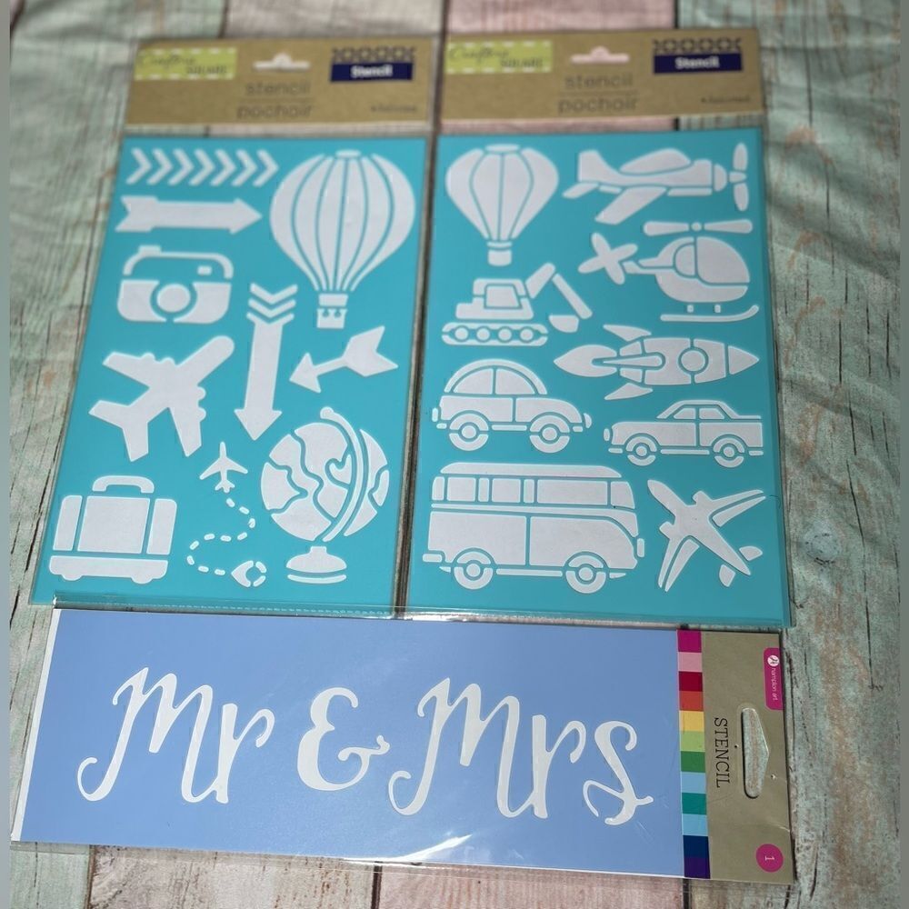 NEW 3 Stencils Mr & Mrs, World Traveler, & Transportation Icons DIY Arts & Craft